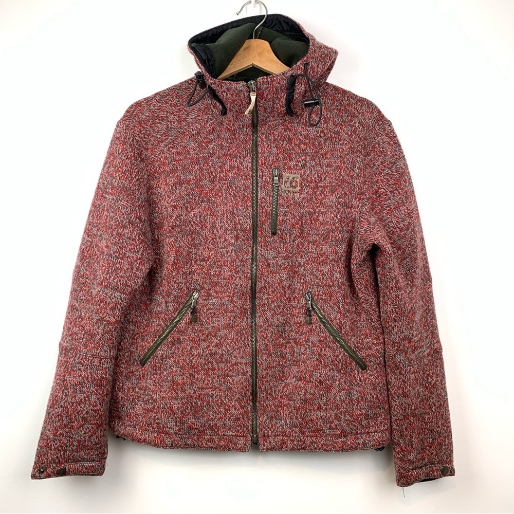 66 North Iceland Vindur Jacket Red Gray Full Zip Hooded Pockets Sz large READ